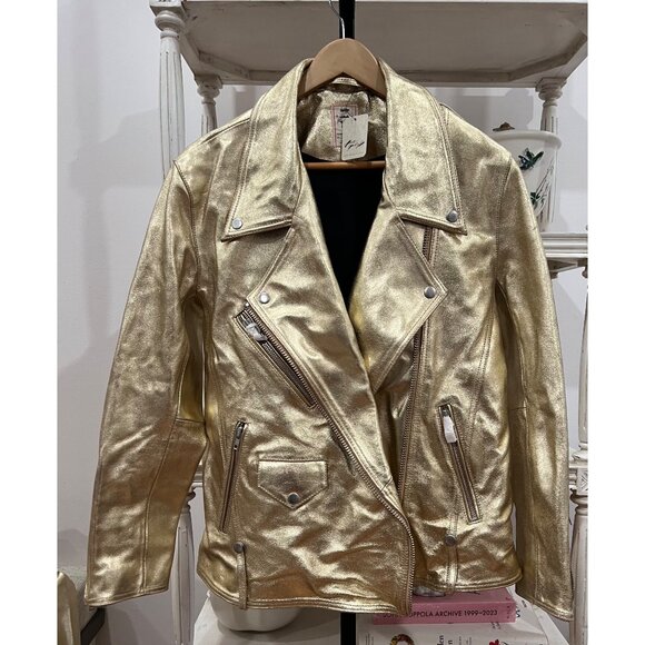 Free People $698 We The Free Gold Jealousy Leather Moto Jacket Size Medium - Picture 2 of 4